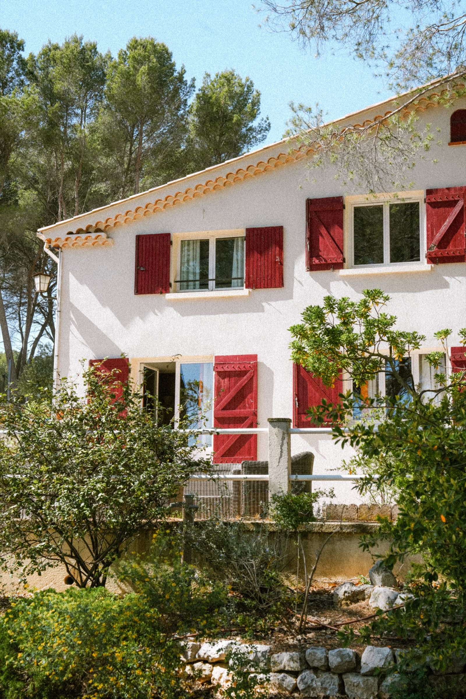 Façade du mas avec pin parasol et rocaille